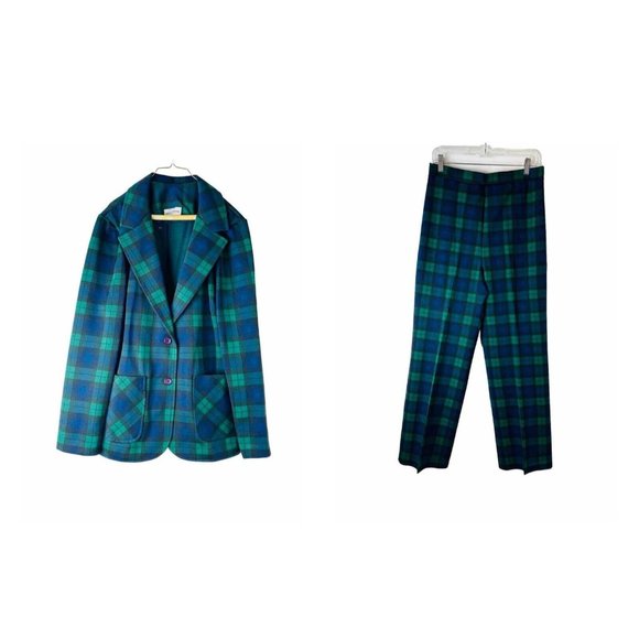 VTG 70s Tartan Plaid Knit Blazer Jacket Wide Leg Pant Suit Set Disco
